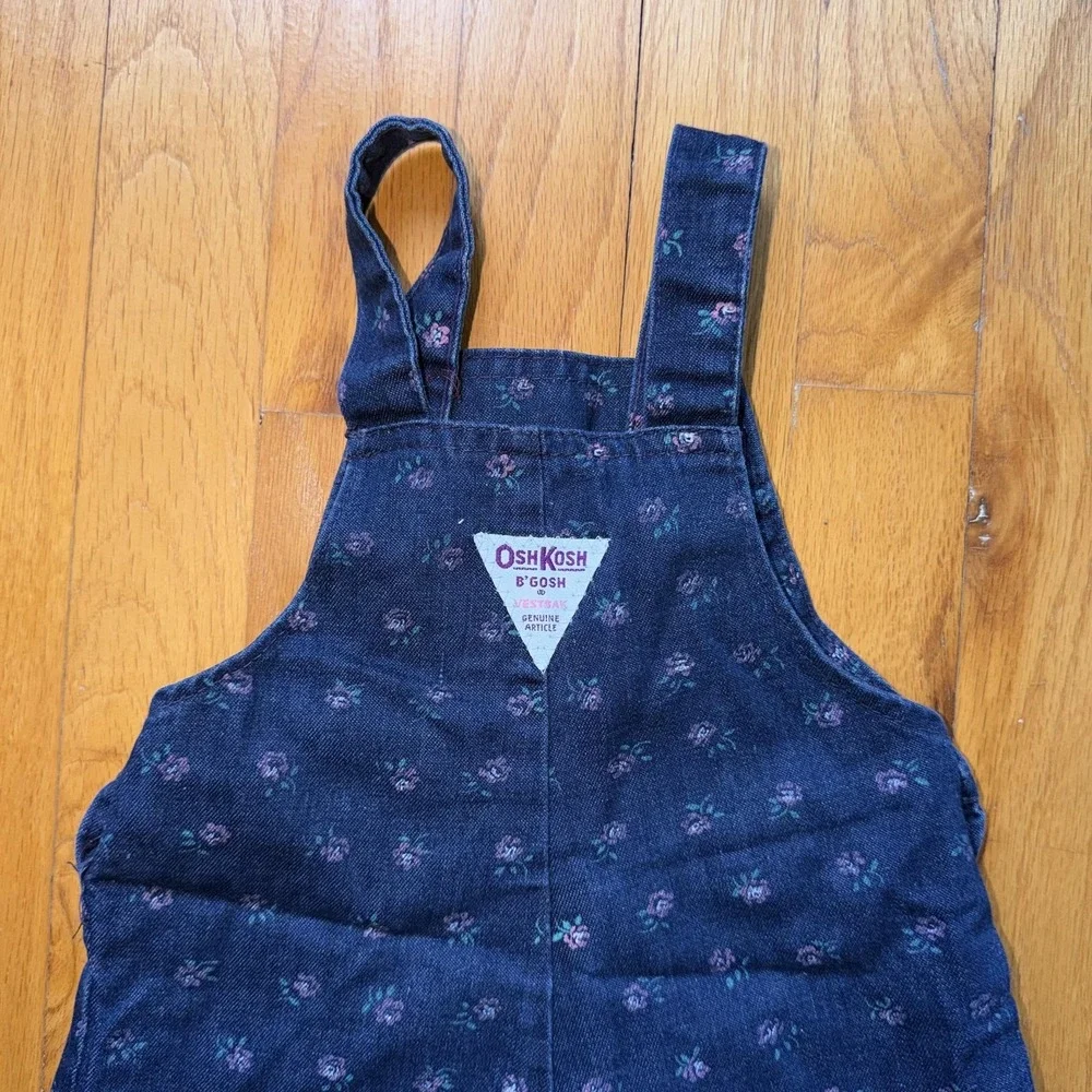 Vintage OshKosh‎ B'gosh Bib Overalls Girls 3T Blue Denim Floral Print USA Rare